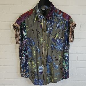 Desigual Multicolor Floral Patchwork Blouse - Gray, Blue, Purple, Green, Red